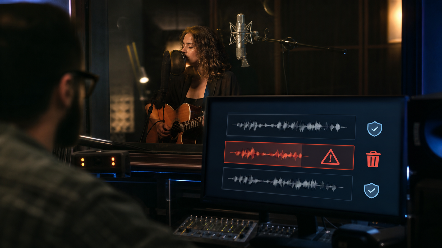 Cantante en estudio mientras un sistema marca audio generado con inteligencia artificial