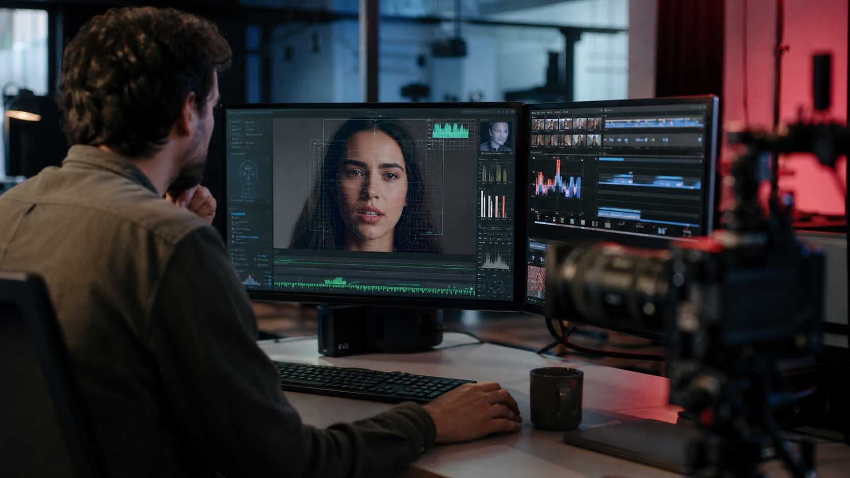 Editor de video revisando señales de inteligencia artificial en un rostro fotorealista